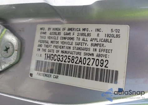 2002 Honda Accord 2.3 Ex z USA, uszkodzony, nr VIN 1HGCG32582A027092
